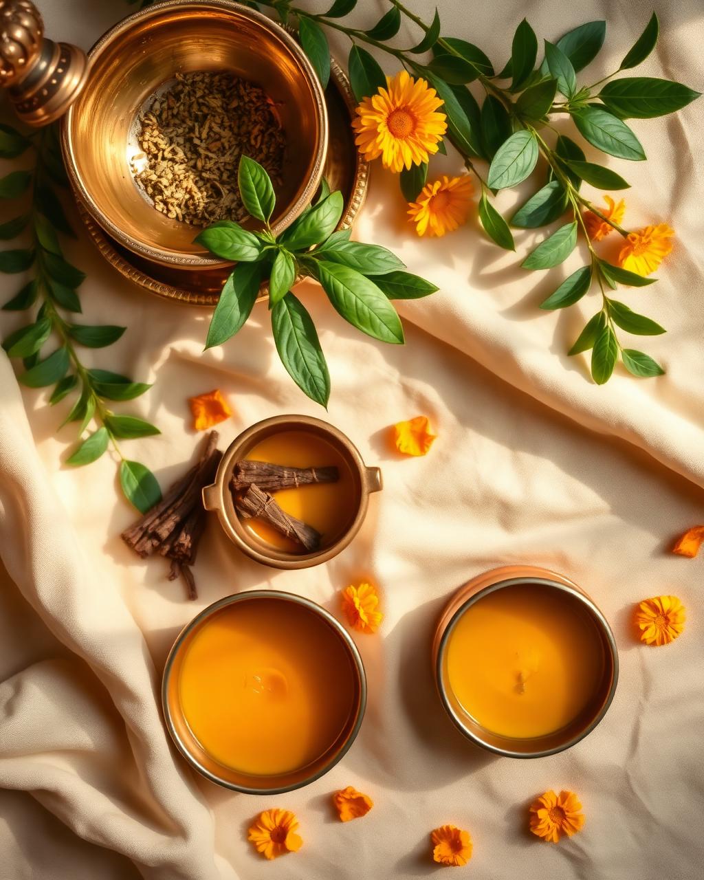 Ayurvedic herbs and copper bowls